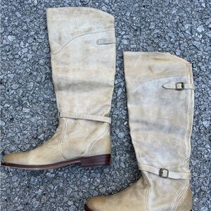 FRYE Dorado Tall Knee Riding Boots  Cream Tan Leather Buckle 77559 Women’s Sz 10